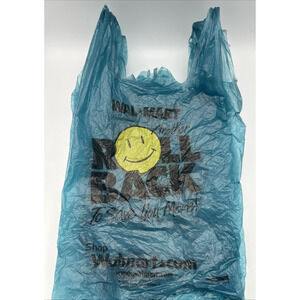 5 - 2001 Vintage Blue Plastic Walmart Shopping Store Bag Roll Back Smiley Face
